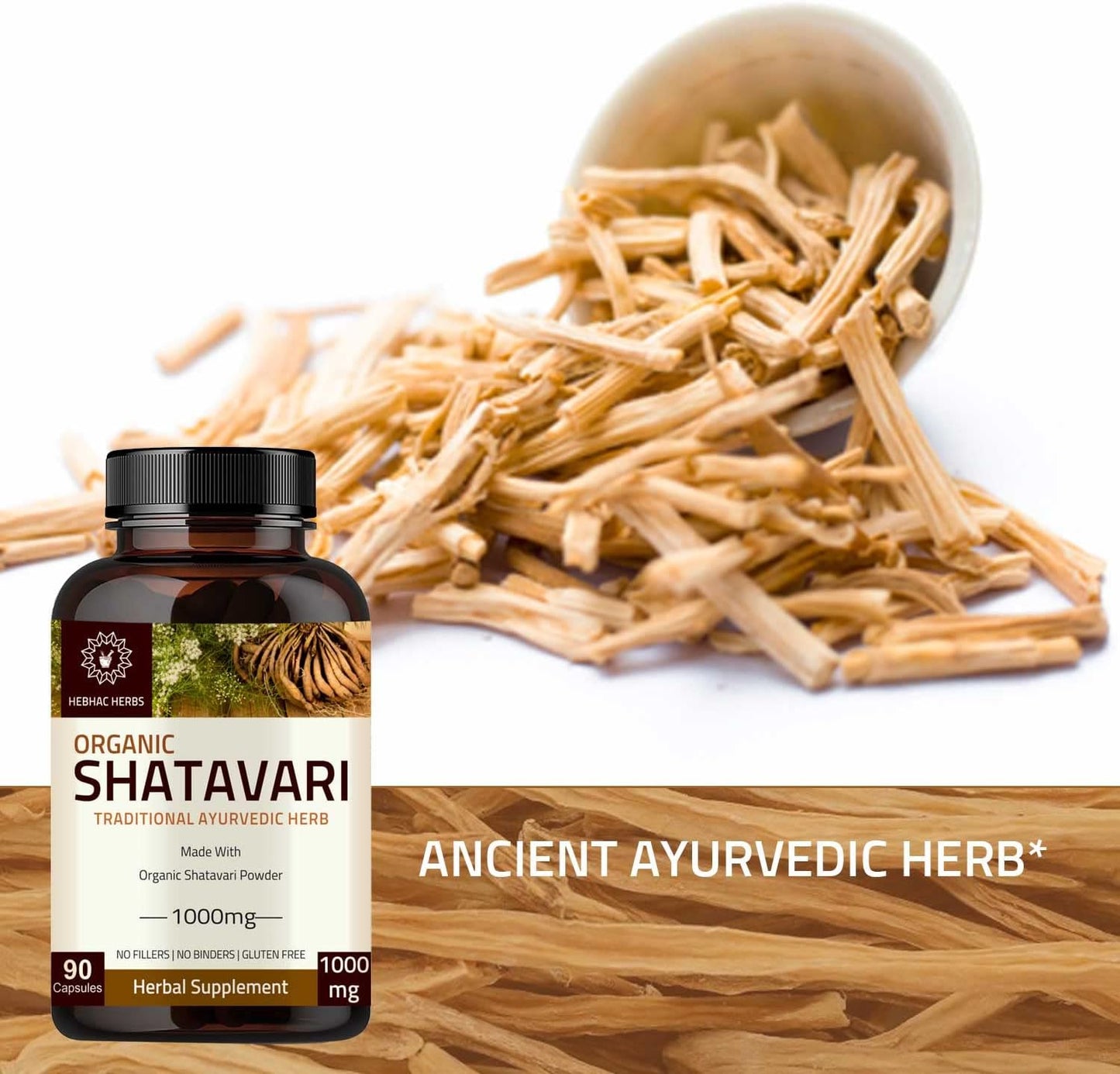 Organic Hebhac Herbs Shatavari Capsules 1000mg - 45 Day Supply | Ayurvedic Herb for Vata & Pitta (90 Capsules)