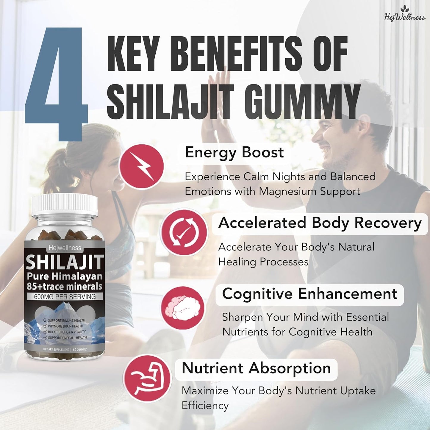 Organic Hejwellness Shilajit Gummies - 600mg with 85+ Trace Minerals, Fulvic Acid & Phytonutrients - Strawberry Flavor - Energy & Immune Support - 60 Gummies