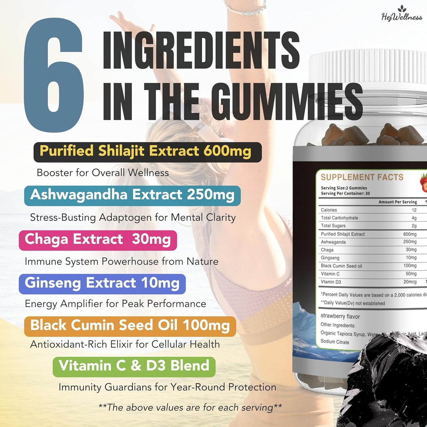 Organic Hejwellness Shilajit Gummies - 600mg with 85+ Trace Minerals, Fulvic Acid & Phytonutrients - Strawberry Flavor - Energy & Immune Support - 60 Gummies