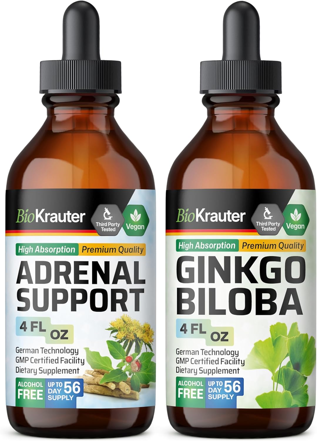 Organic Herbal Adrenal Support and Ginkgo Biloba Tincture Bundle - 4 Fl. Oz. Each