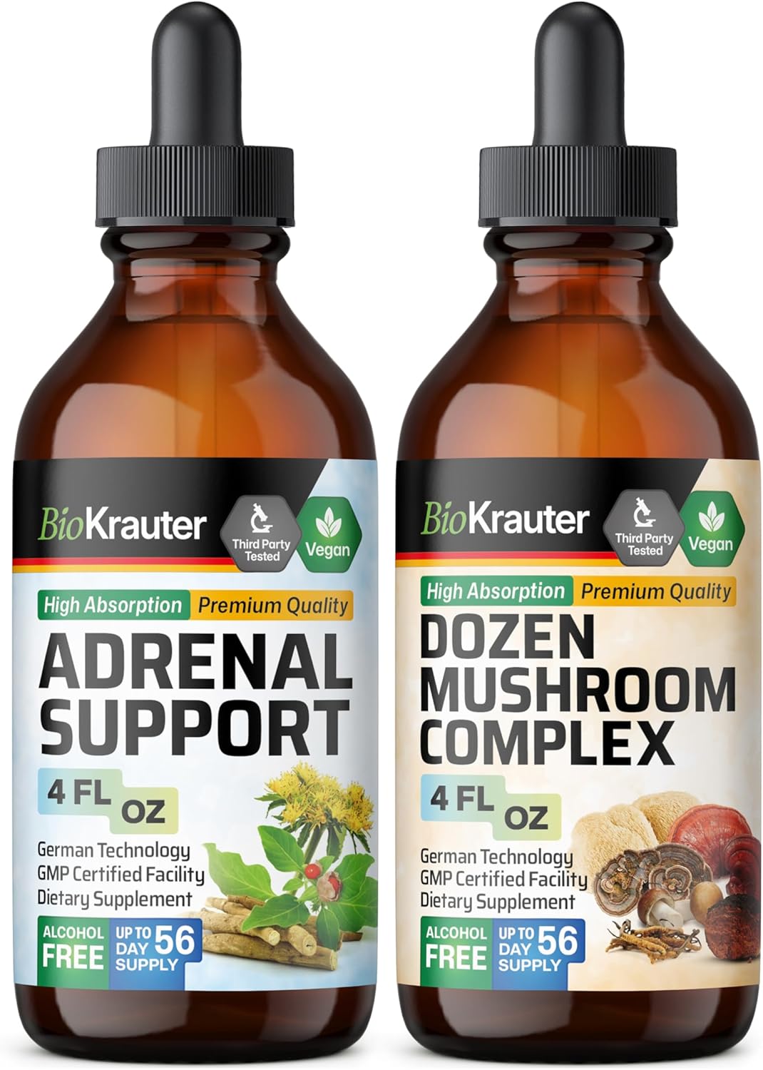 Organic Herbal Adrenal Support & Mushroom Tincture Combo - 4 Fl. Oz. Each