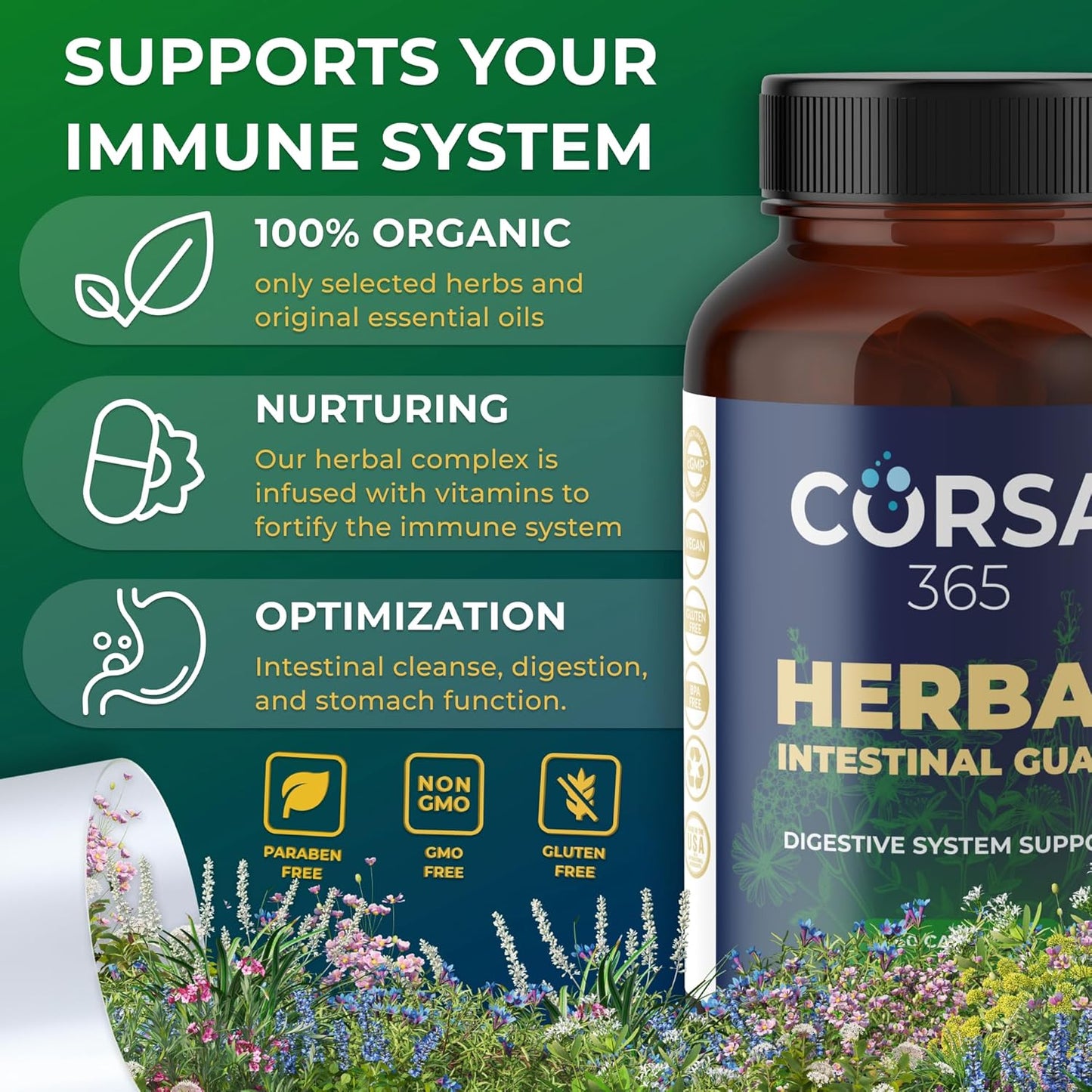 Organic Herbal Intestinal Support Supplement - Promotes Digestive Health, Gut Balance, and Immune Boost - Colon Cleanse Complex for Men and Women - 60 Capsules