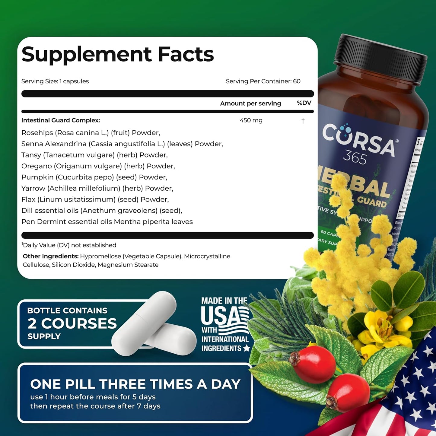 Organic Herbal Intestinal Support Supplement - Promotes Digestive Health, Gut Balance, and Immune Boost - Colon Cleanse Complex for Men and Women - 60 Capsules