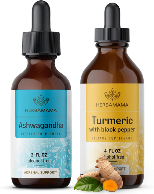 Organic Herbal Liquid Drops Bundle: Ashwagandha Root Extract & Turmeric with Black Pepper Tincture - Vegan, Non-GMO, Sugar & Alcohol-Free - 2 fl oz x 2 Pack