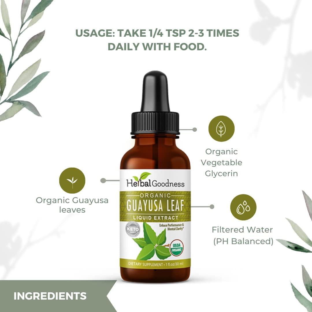 Organic Herbal Papaya Guayusa Leaf Extract Energy Supplement for Brain Focus and Stamina - Natural Caffeine Drink, Coffee Alternative, Stress Relief - 1oz Bottle - Herbal Goodness