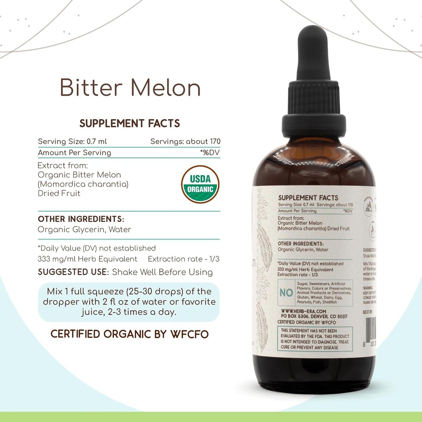 Organic HerbEra Bitter Melon Tincture | Alcohol-Free Extract, High-Potency Herbal Drops | Certified USDA Organic Momordica Charantia Fruit Extract (4 fl oz)