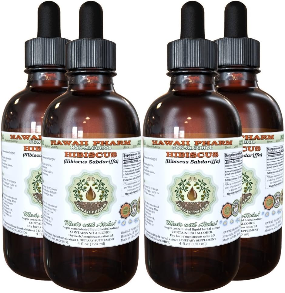 Organic Hibiscus Liquid Extract - Alcohol-Free Glycerite Supplement by Hawaii Pharm 4x4 oz