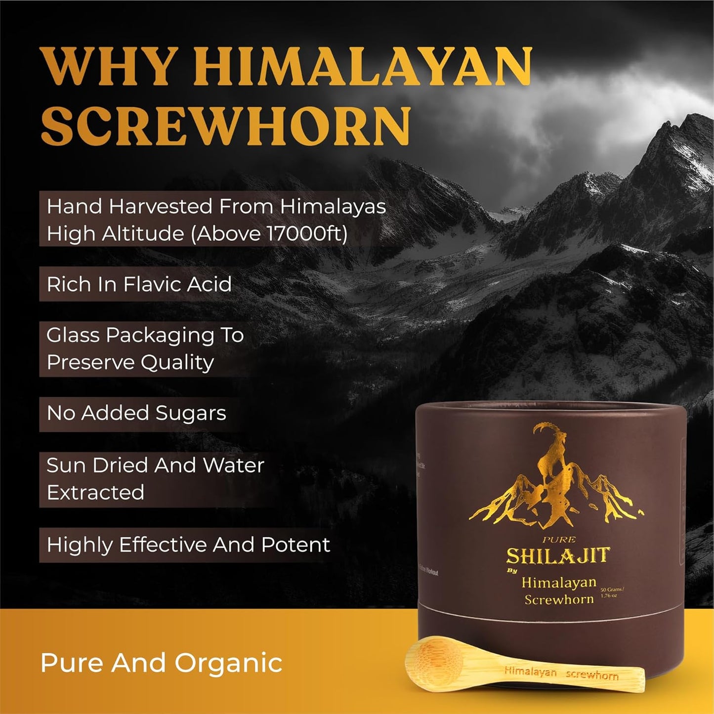 Organic Himalayan Screwhorn Shilajit Resin 50g - High Potency for Men and Women - 85+ Trace Minerals - Rich in Flavic Acid - 100 Servings