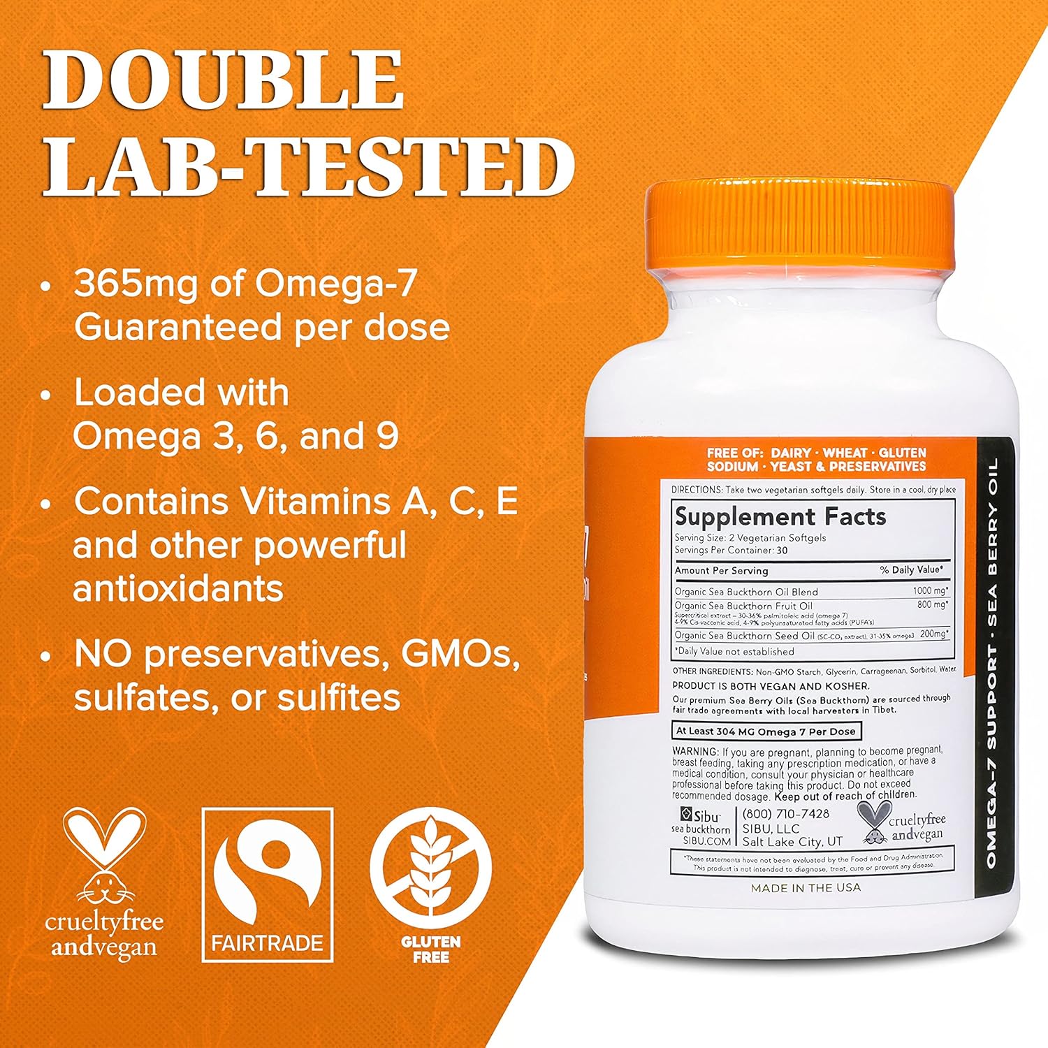 Organic Himalayan Sea Buckthorn Oil Softgels for Skin, Hair & Nails (60ct) - Omega-7 Supplement for Dryness - 30 Day Supply