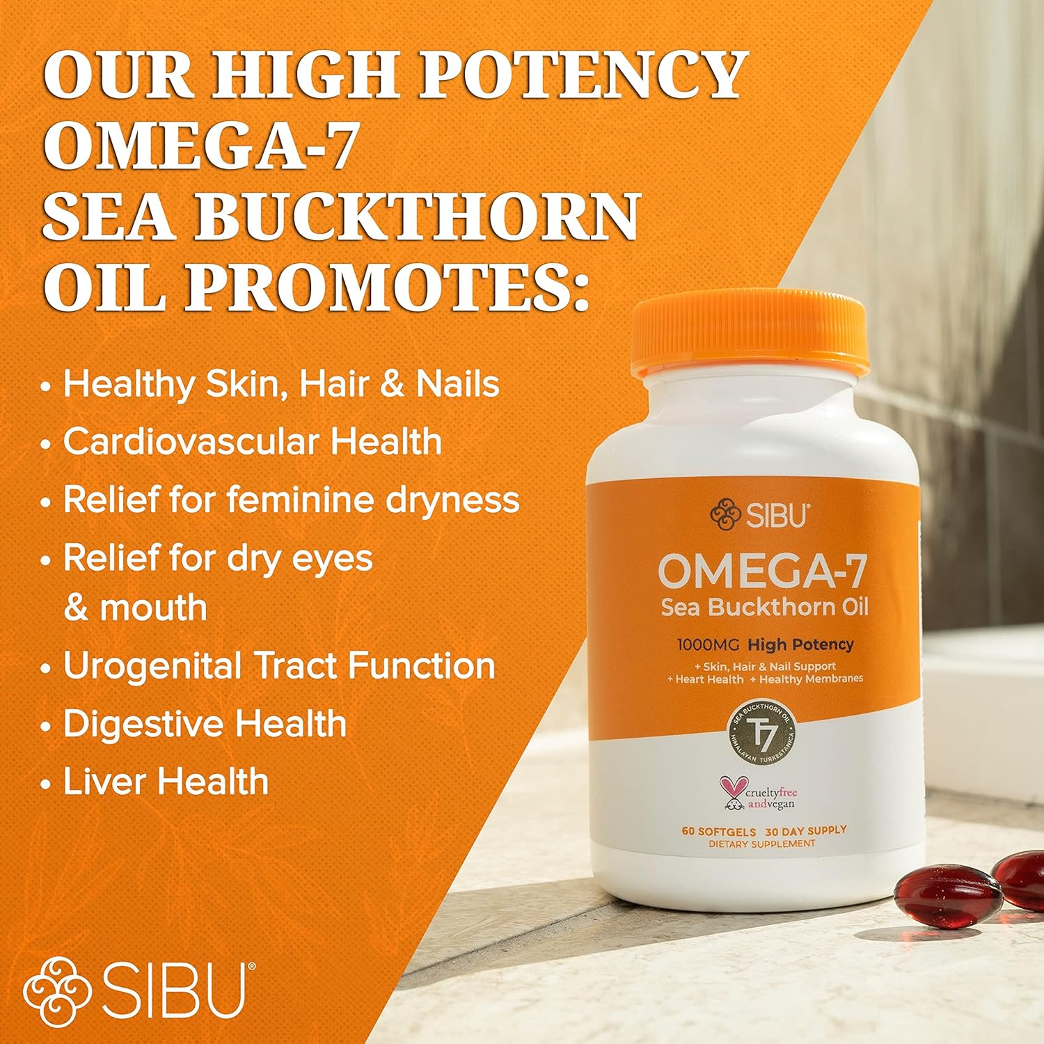 Organic Himalayan Sea Buckthorn Oil Softgels for Skin, Hair & Nails (60ct) - Omega-7 Supplement for Dryness - 30 Day Supply