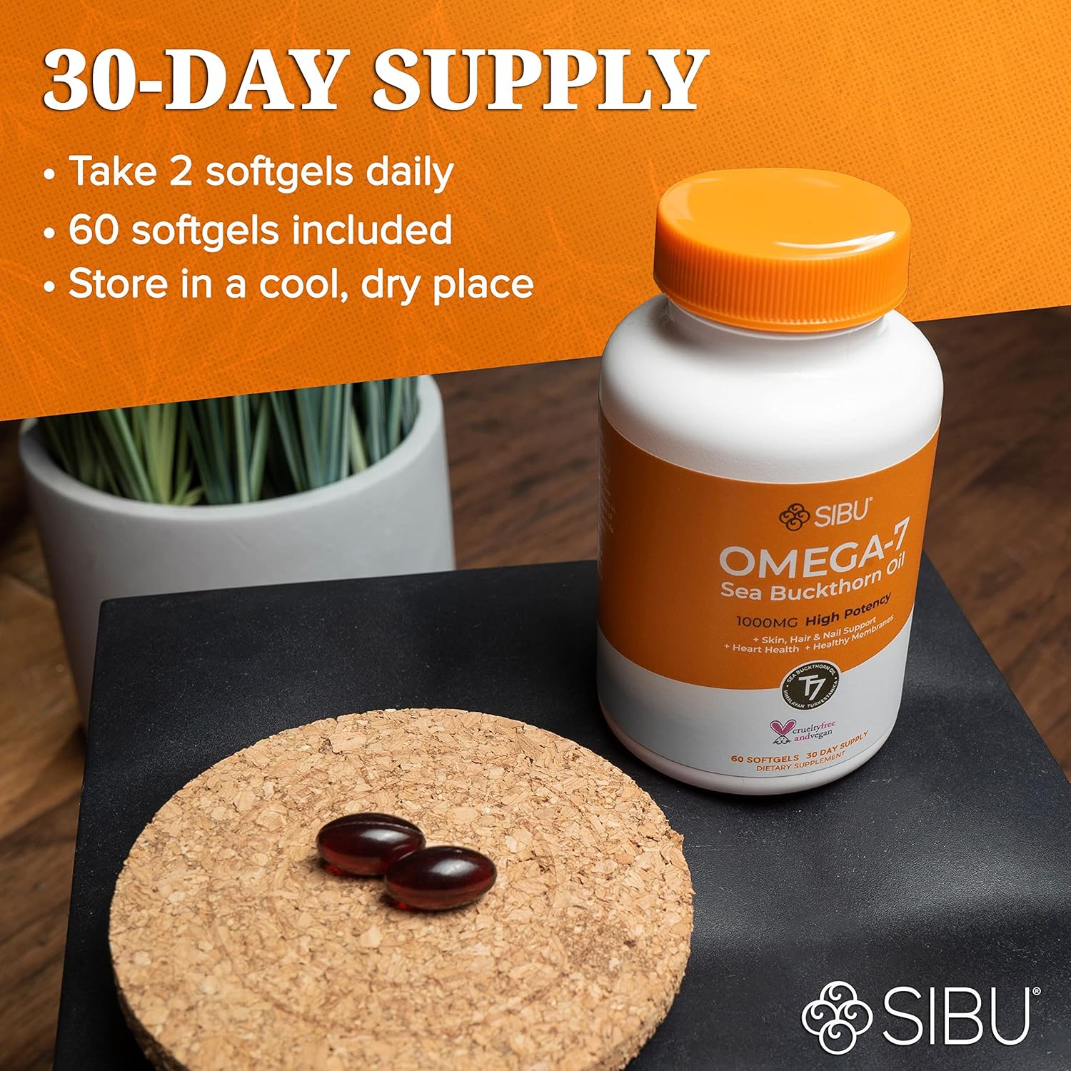 Organic Himalayan Sea Buckthorn Oil Softgels for Skin, Hair & Nails (60ct) - Omega-7 Supplement for Dryness - 30 Day Supply