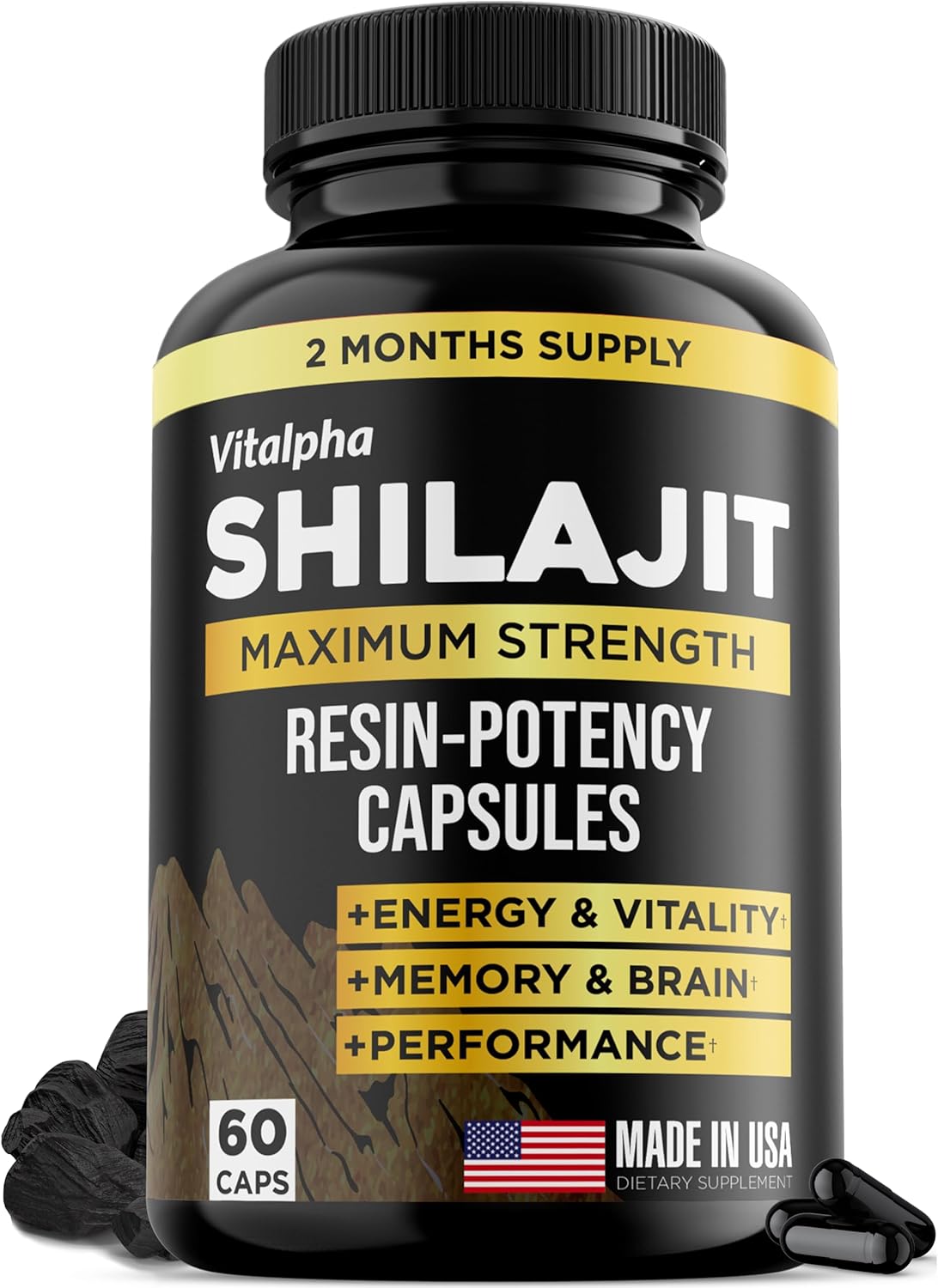 Organic Himalayan Shilajit Capsules with 50% Fulvic Acid - USA Made - 500mg Extract - 85+ Minerals - 60 Count
