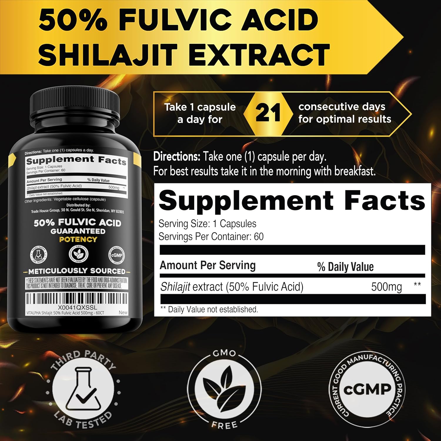Organic Himalayan Shilajit Capsules with 50% Fulvic Acid - USA Made - 500mg Extract - 85+ Minerals - 60 Count