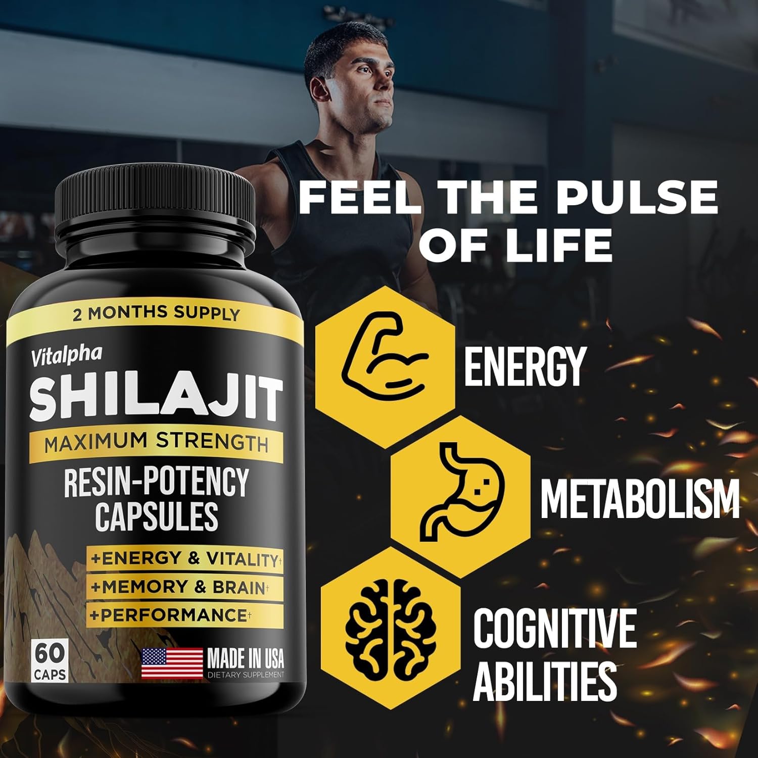 Organic Himalayan Shilajit Capsules with 50% Fulvic Acid - USA Made - 500mg Extract - 85+ Minerals - 60 Count