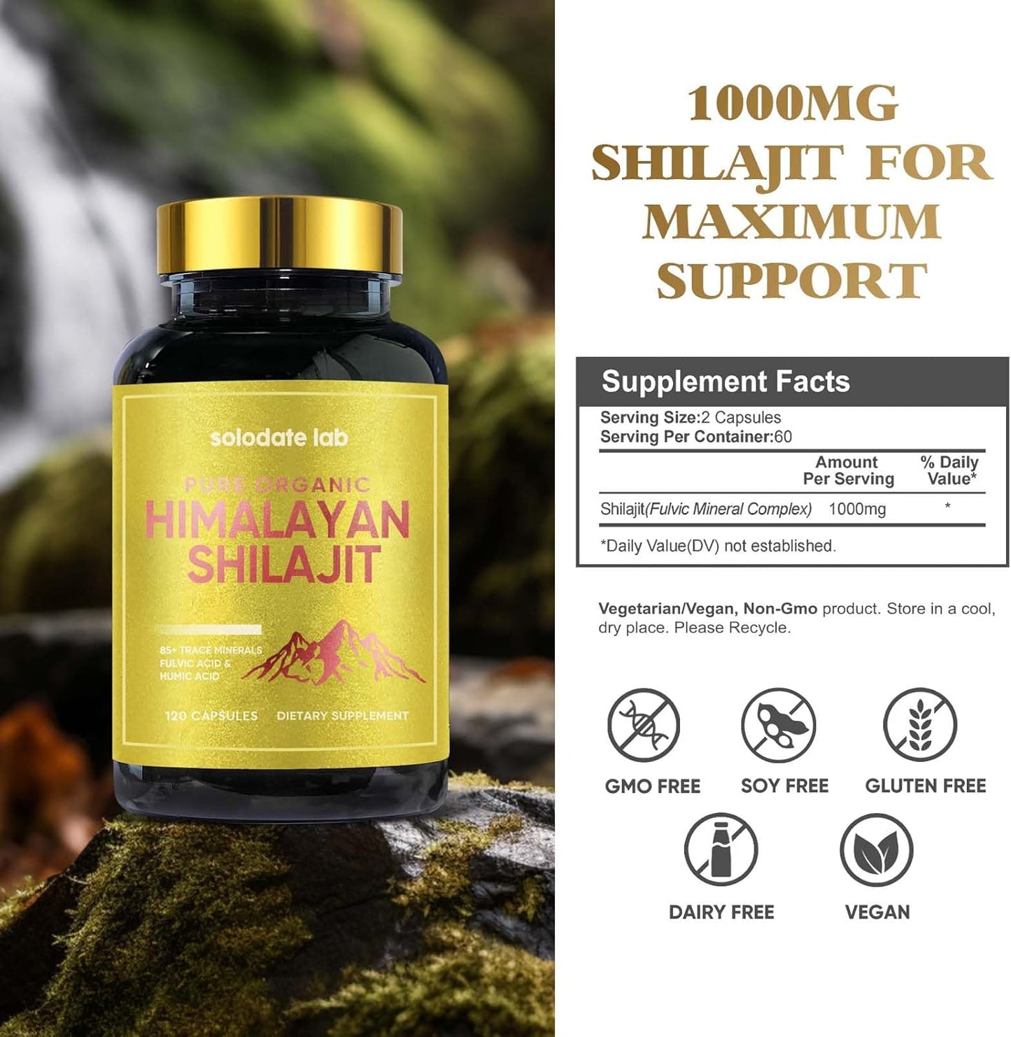 Organic Himalayan Shilajit Capsules with 85+ Trace Minerals for Energy & Immune Support