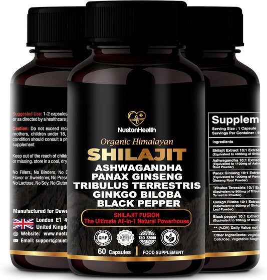Organic Himalayan Shilajit Capsules with Ashwagandha, Ginseng, Tribulus, Ginkgo & Black Pepper - Vegan, Gluten-Free Energy & Immune Support - 60 Gold Capsules