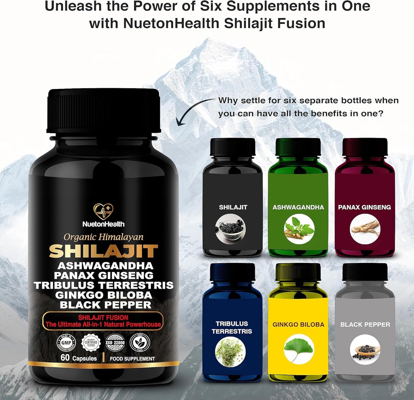 Organic Himalayan Shilajit Capsules with Ashwagandha, Ginseng, Tribulus, Ginkgo & Black Pepper - Vegan, Gluten-Free Energy & Immune Support - 60 Gold Capsules