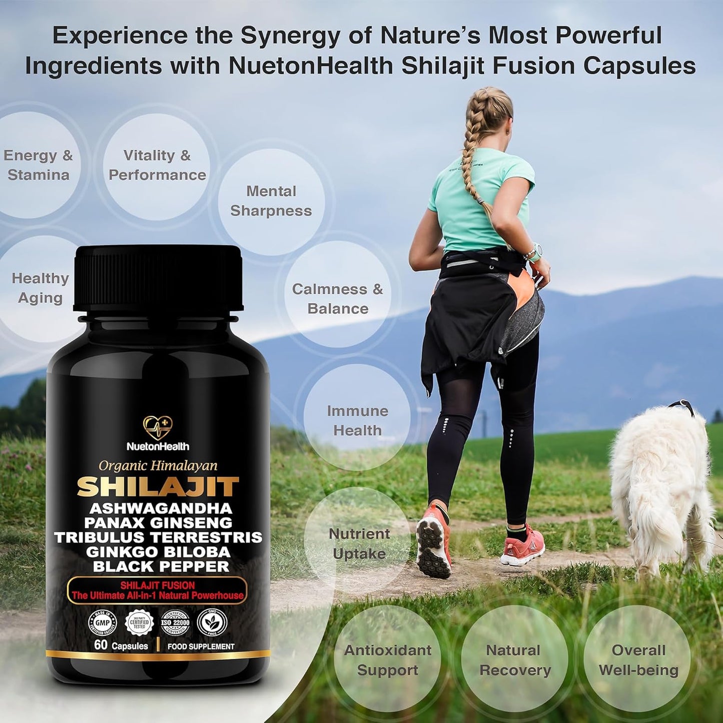 Organic Himalayan Shilajit Capsules with Ashwagandha, Ginseng, Tribulus, Ginkgo & Black Pepper - Vegan, Gluten-Free Energy & Immune Support - 60 Gold Capsules