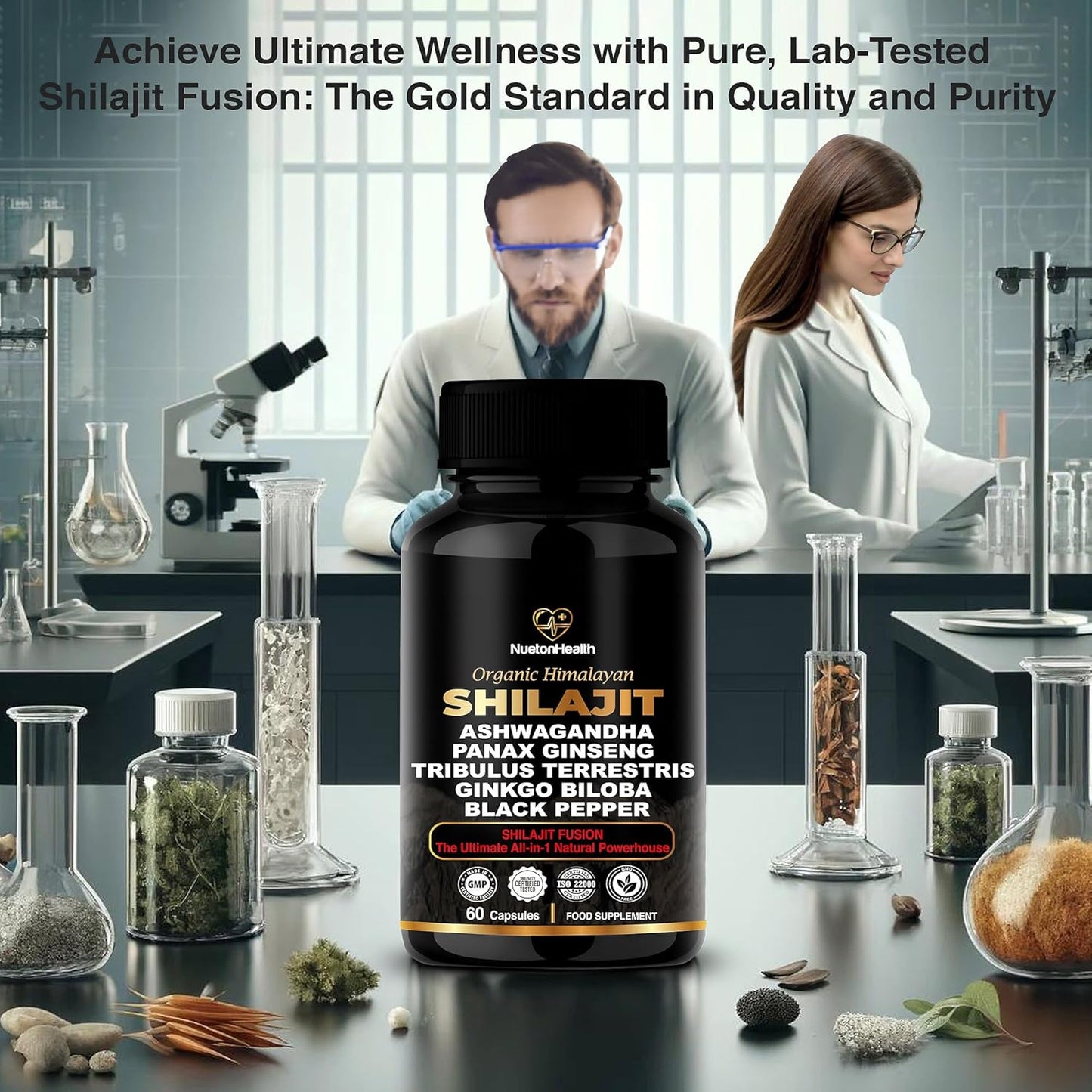 Organic Himalayan Shilajit Capsules with Ashwagandha, Ginseng, Tribulus, Ginkgo & Black Pepper - Vegan, Gluten-Free Energy & Immune Support - 60 Gold Capsules