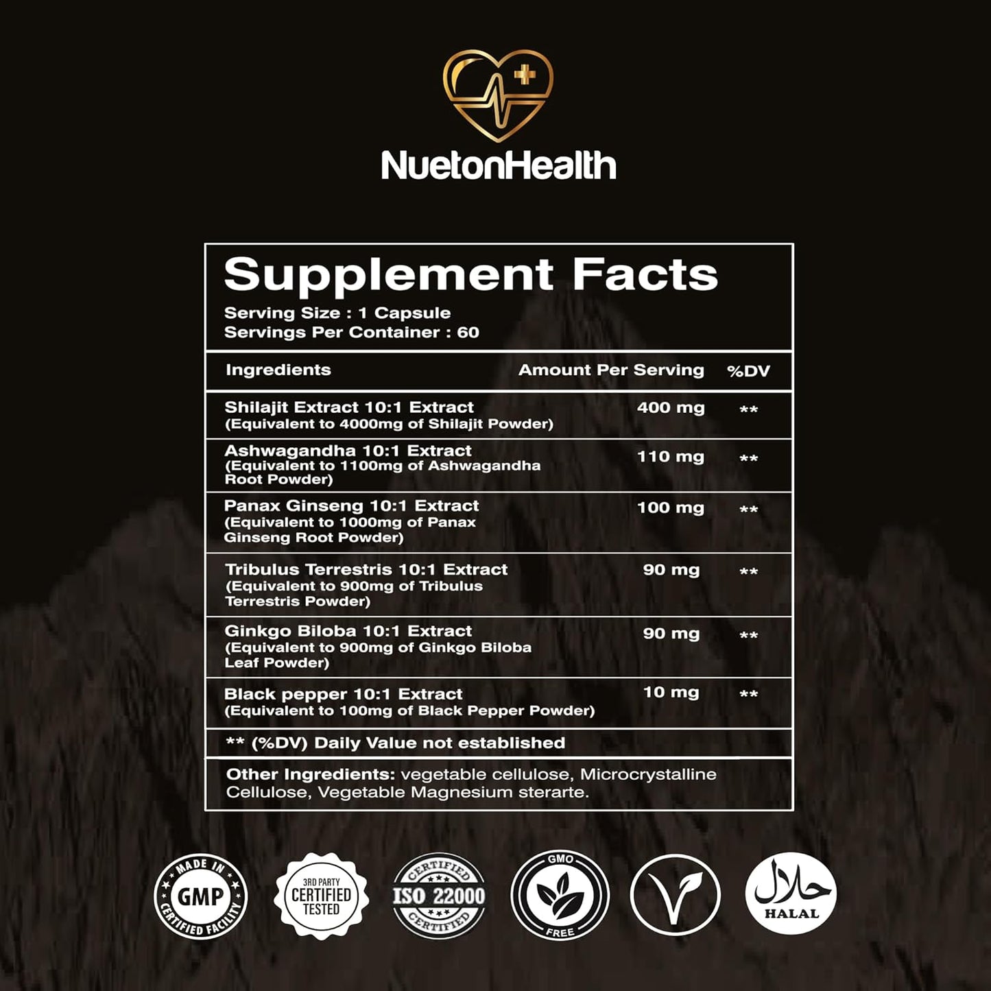 Organic Himalayan Shilajit Capsules with Ashwagandha, Ginseng, Tribulus, Ginkgo & Black Pepper - Vegan, Gluten-Free Energy & Immune Support - 60 Gold Capsules