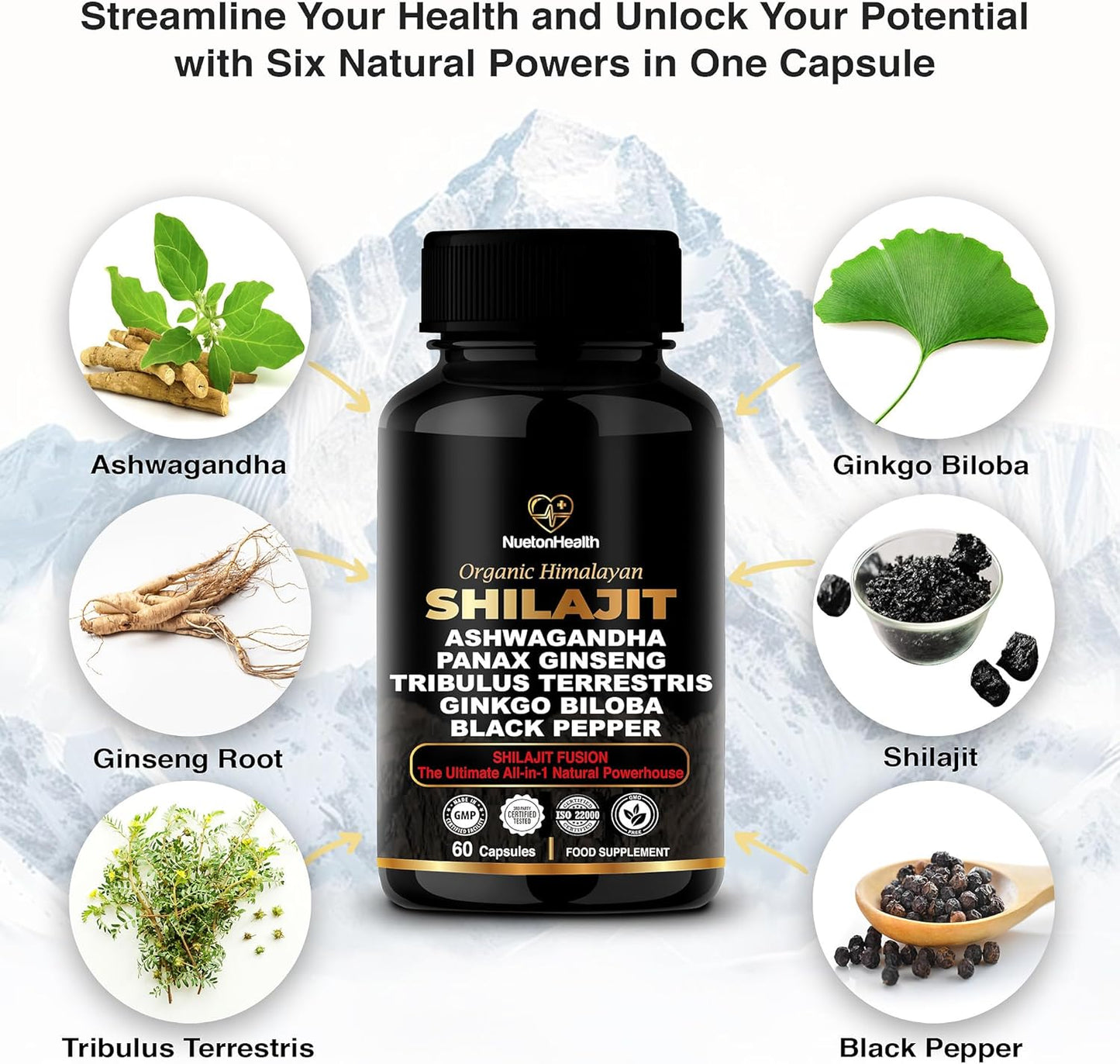 Organic Himalayan Shilajit Capsules with Ashwagandha, Ginseng, Tribulus, Ginkgo & Black Pepper - Vegan, Gluten-Free Energy & Immune Support - 60 Gold Capsules