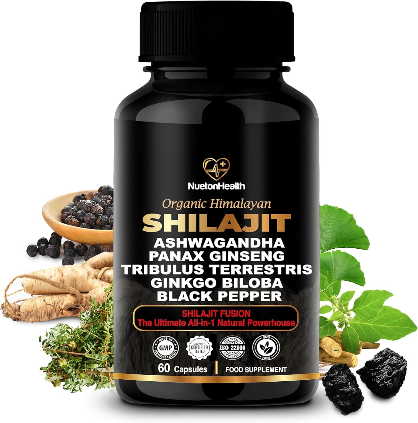 Organic Himalayan Shilajit Capsules with Ashwagandha, Ginseng, Tribulus, Ginkgo & Black Pepper - Vegan, Gluten-Free Energy & Immune Support - 60 Gold Capsules