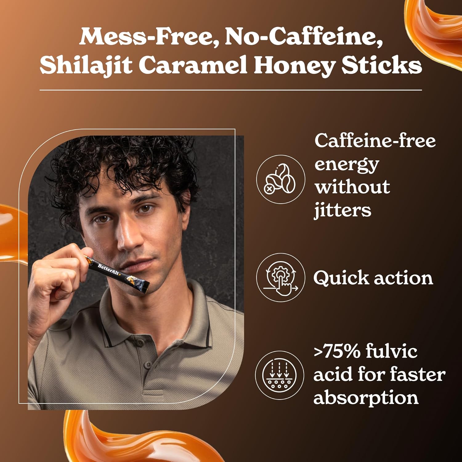 Organic Himalayan Shilajit Caramel Honey Sticks with Saffron & 85+ Trace Minerals | Energy Boost & Immune Support | 30 Easy-to-Consume Sticks