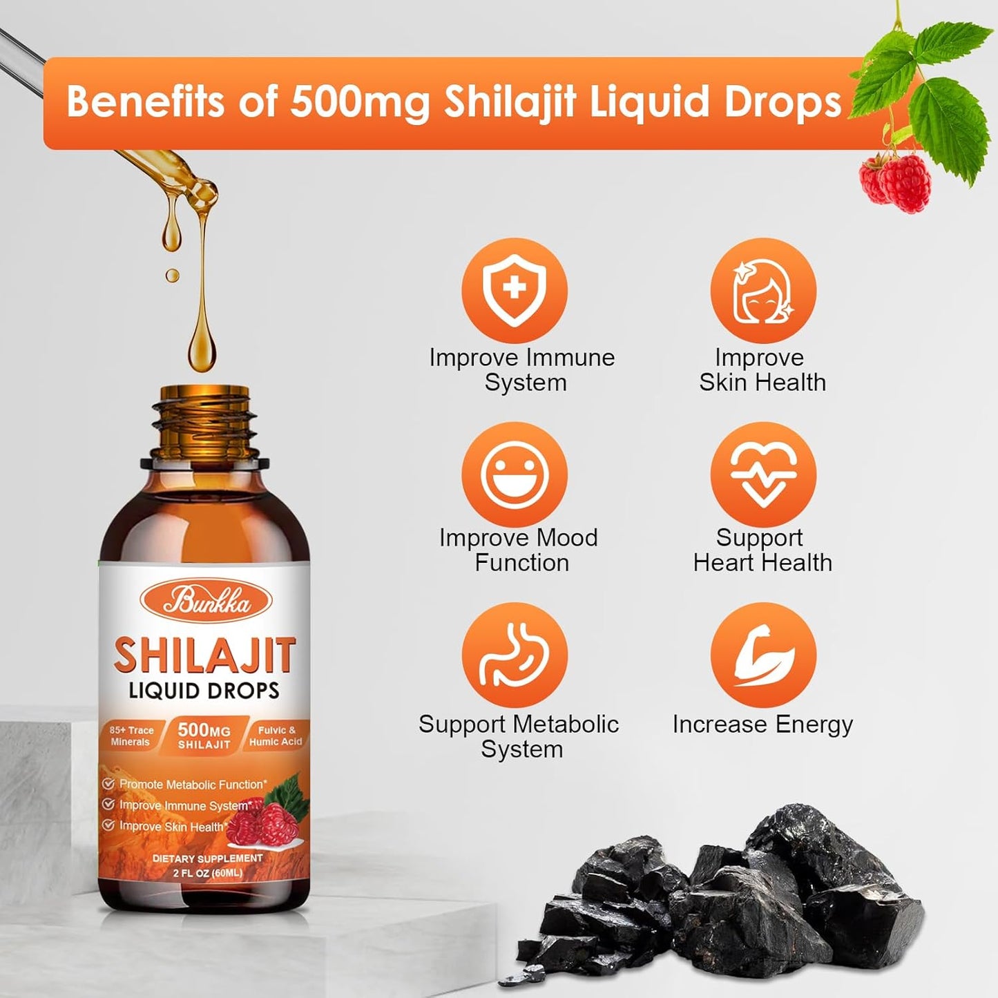 Organic Himalayan Shilajit Drops (2 Pack) with Glutathione & Quercetin - 500mg Pure Resin, 85+ Trace Minerals for Immunity & Skin Health, Sugar-Free Formula for Men & Women