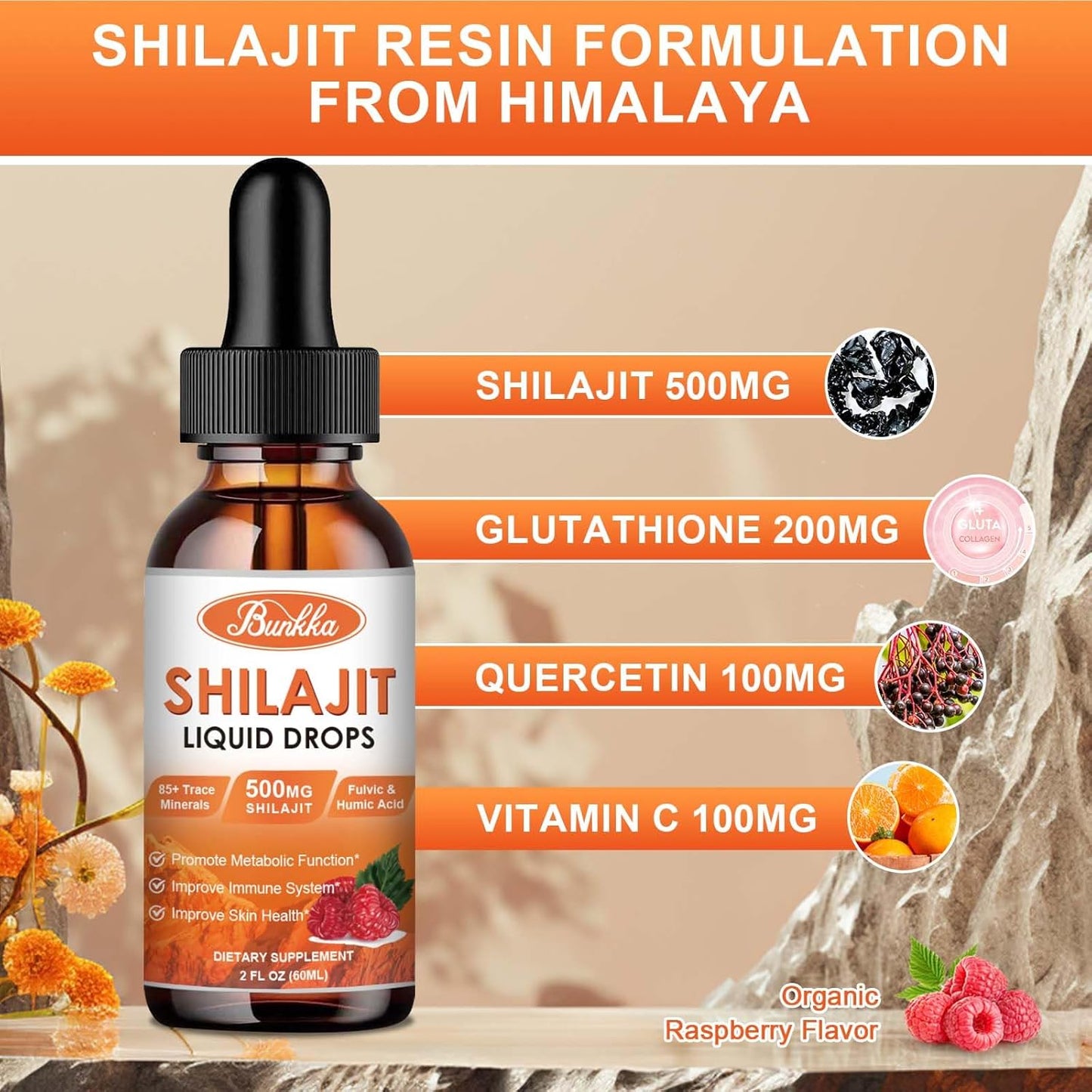 Organic Himalayan Shilajit Drops (2 Pack) with Glutathione & Quercetin - 500mg Pure Resin, 85+ Trace Minerals for Immunity & Skin Health, Sugar-Free Formula for Men & Women