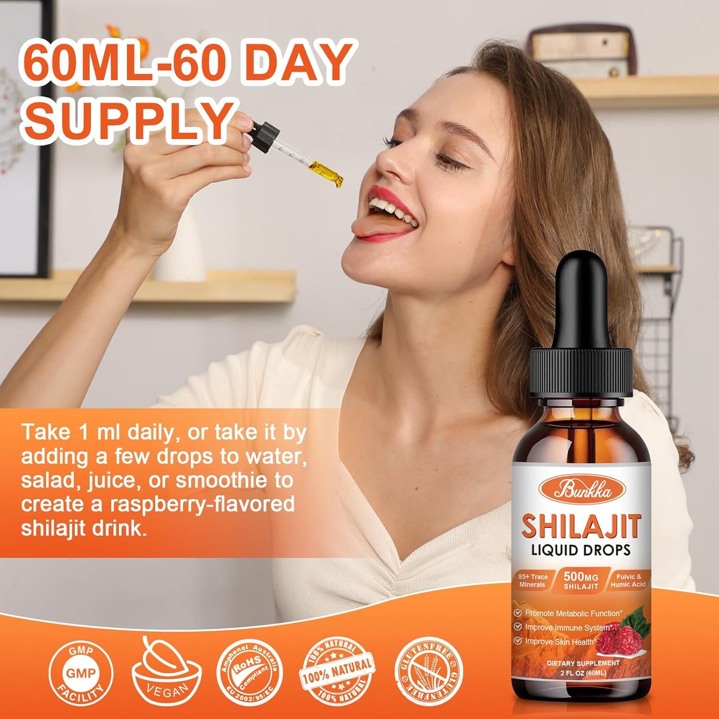 Organic Himalayan Shilajit Drops (2 Pack) with Glutathione & Quercetin - 500mg Pure Resin, 85+ Trace Minerals for Immunity & Skin Health, Sugar-Free Formula for Men & Women