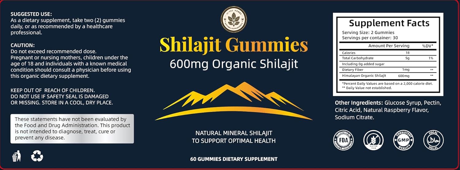 Organic Himalayan Shilajit Gummies - Boost Energy and Immunity (600mg), Honey Flavor