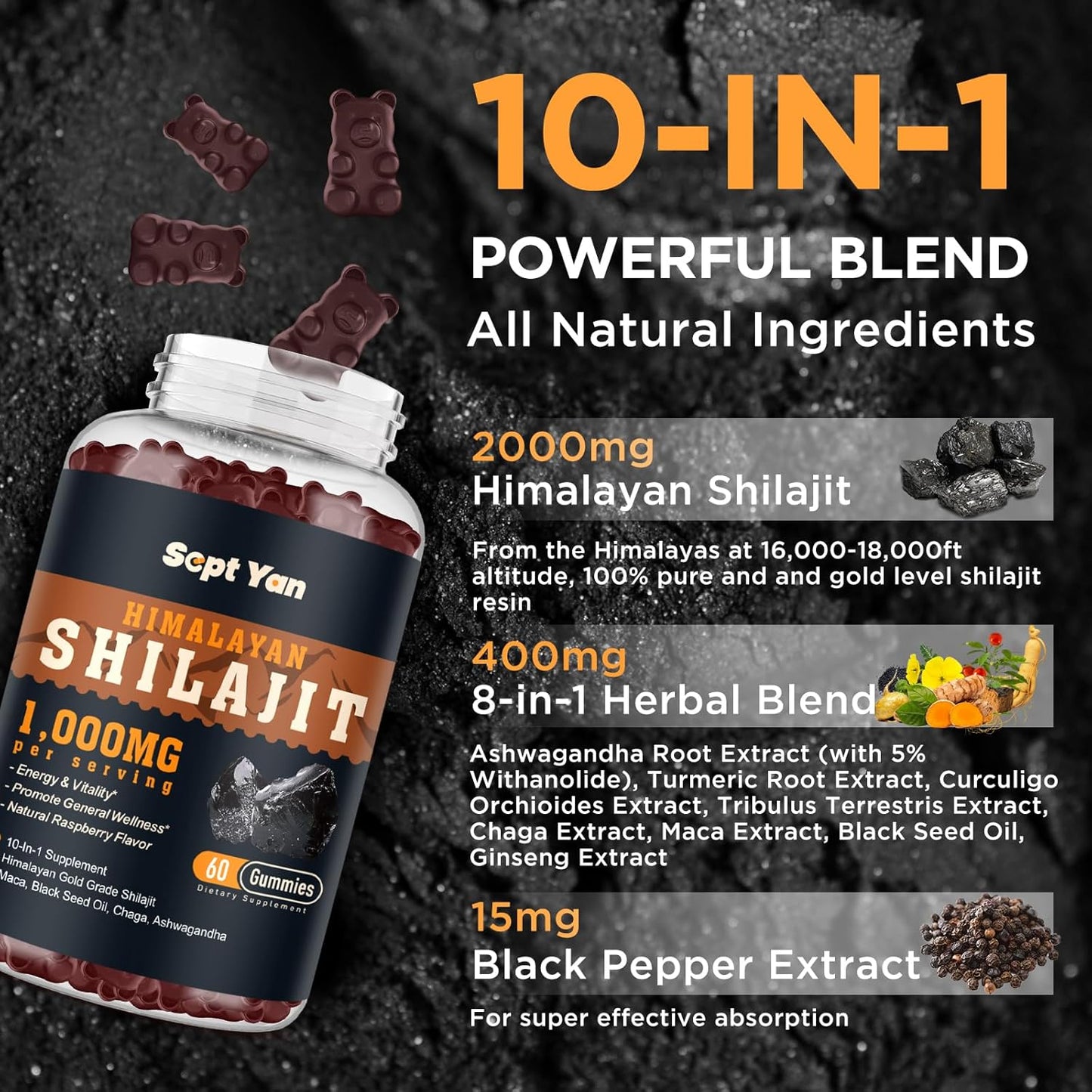 Organic Himalayan Shilajit Gummies 2000mg with Ashwagandha & Maca - 85+ Trace Minerals for Energy, Brain, Immunity - Sugar Free Raspberry - 60ct