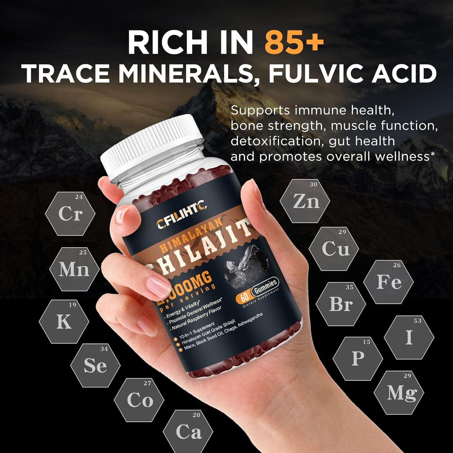 Organic Himalayan Shilajit Gummies 2000mg with Ashwagandha & Maca - 85+ Trace Minerals for Energy, Brain, Immunity - Sugar Free Raspberry - 60ct