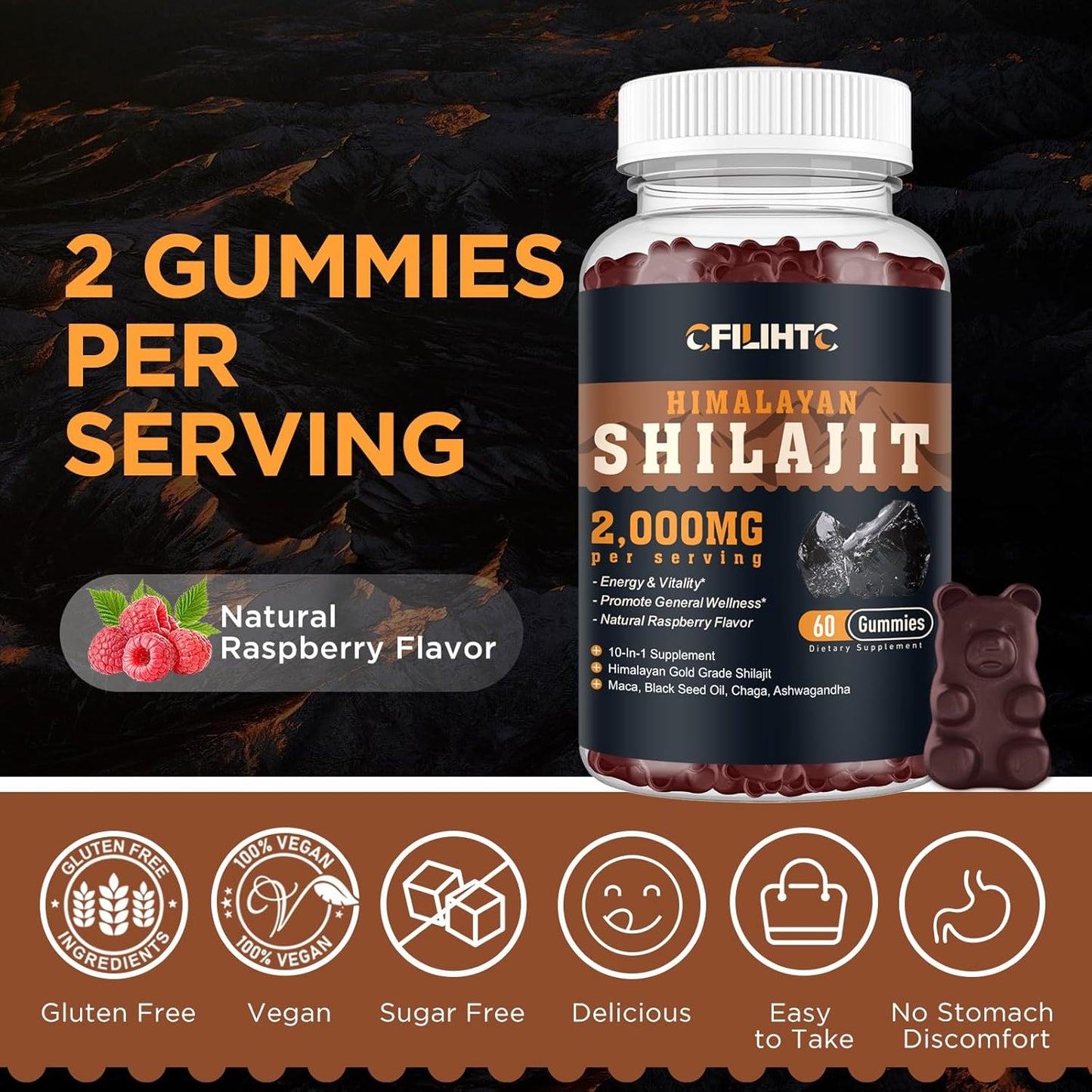 Organic Himalayan Shilajit Gummies 2000mg with Ashwagandha & Maca - 85+ Trace Minerals for Energy, Brain, Immunity - Sugar Free Raspberry - 60ct