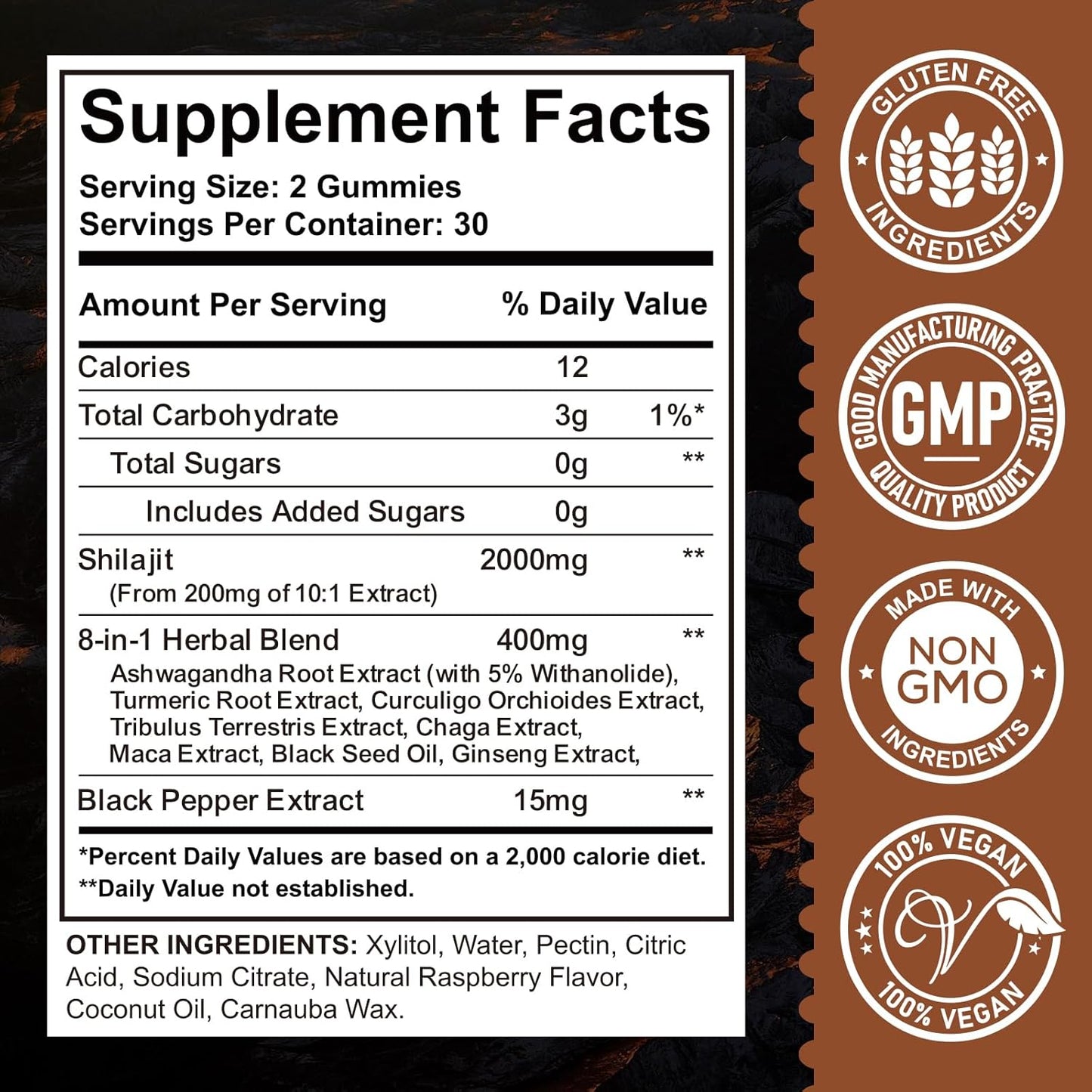 Organic Himalayan Shilajit Gummies 2000mg with Ashwagandha & Maca - 85+ Trace Minerals for Energy, Brain, Immunity - Sugar Free Raspberry - 60ct