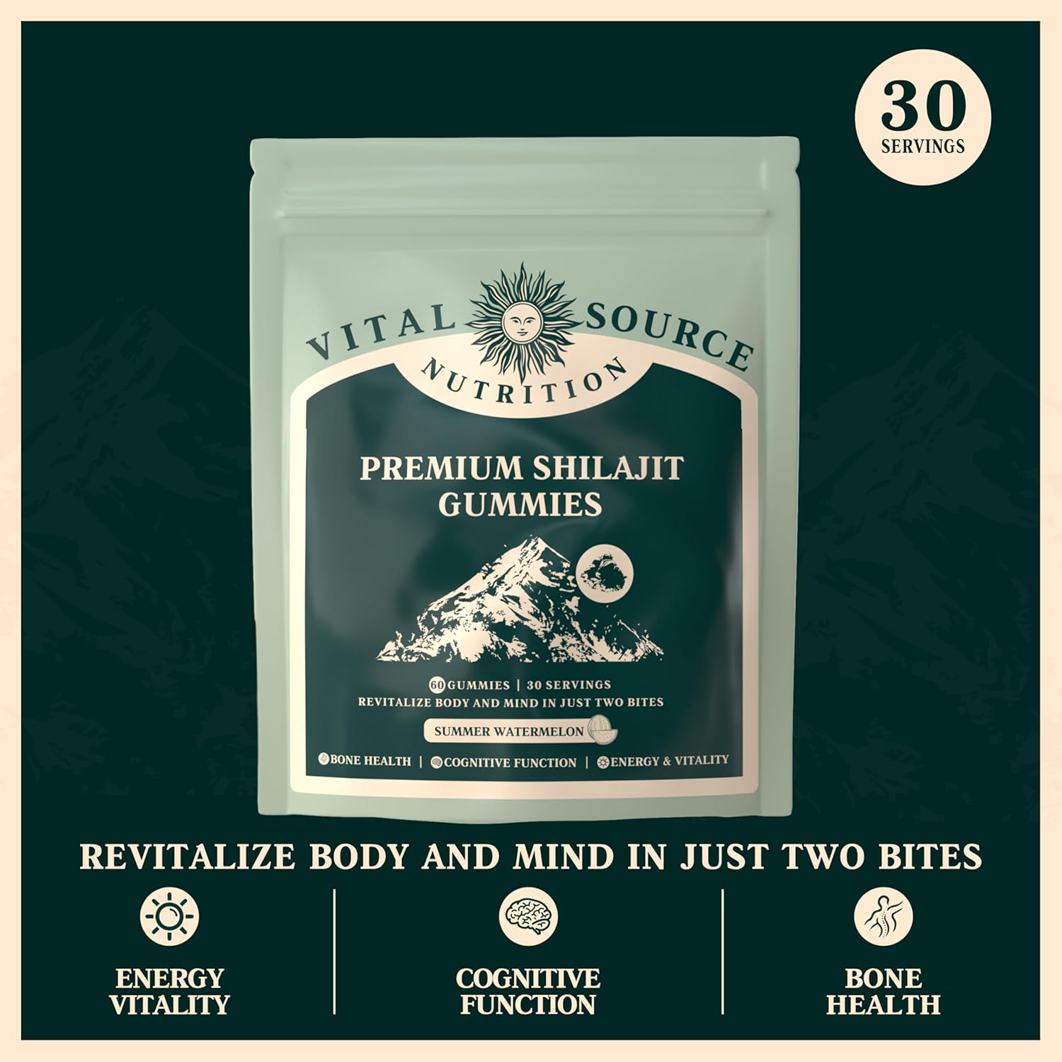 Organic Himalayan Shilajit Gummies for Bone, Brain, Energy & Vitality - Summer Watermelon Flavor - Vegan, Gluten-Free & Halal - 60 Gummies