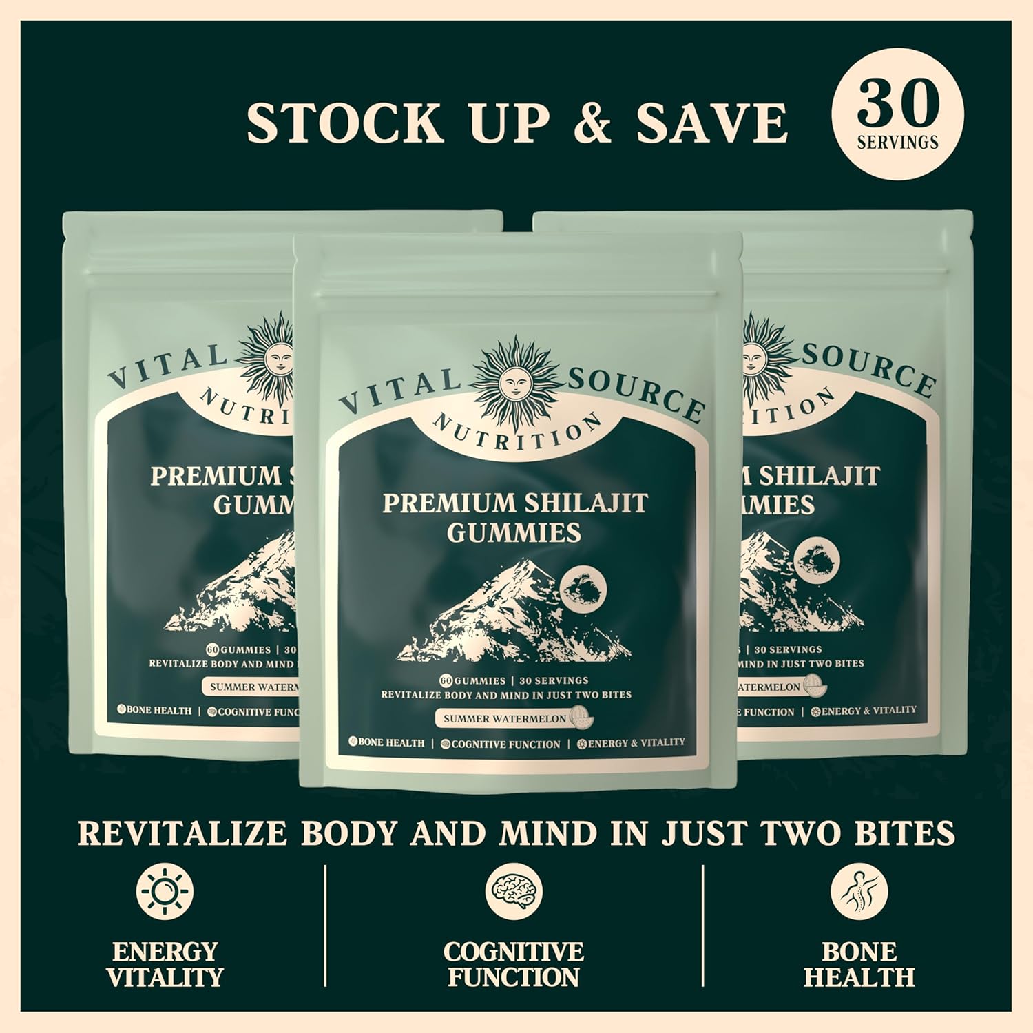 Organic Himalayan Shilajit Gummies for Bone, Brain, Energy & Vitality - Summer Watermelon Flavor - Vegan, Gluten-Free & Halal - 60 Gummies