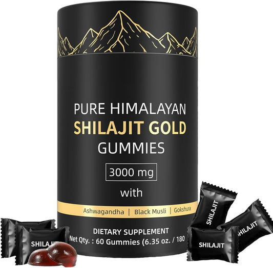 Organic Himalayan Shilajit Gummies with Ashwagandha & Gokshura - Non-GMO, Sugar-Free, 85+ Trace Minerals - 60 Count