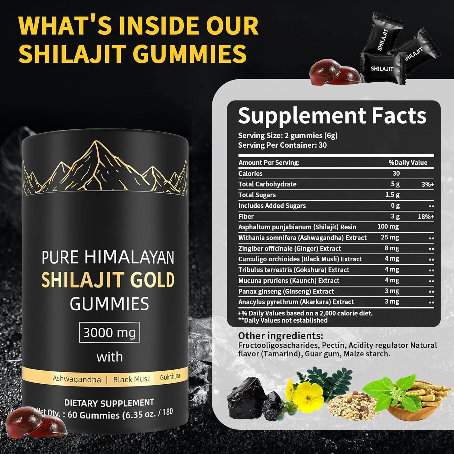 Organic Himalayan Shilajit Gummies with Ashwagandha & Gokshura - Non-GMO, Sugar-Free, 85+ Trace Minerals - 60 Count