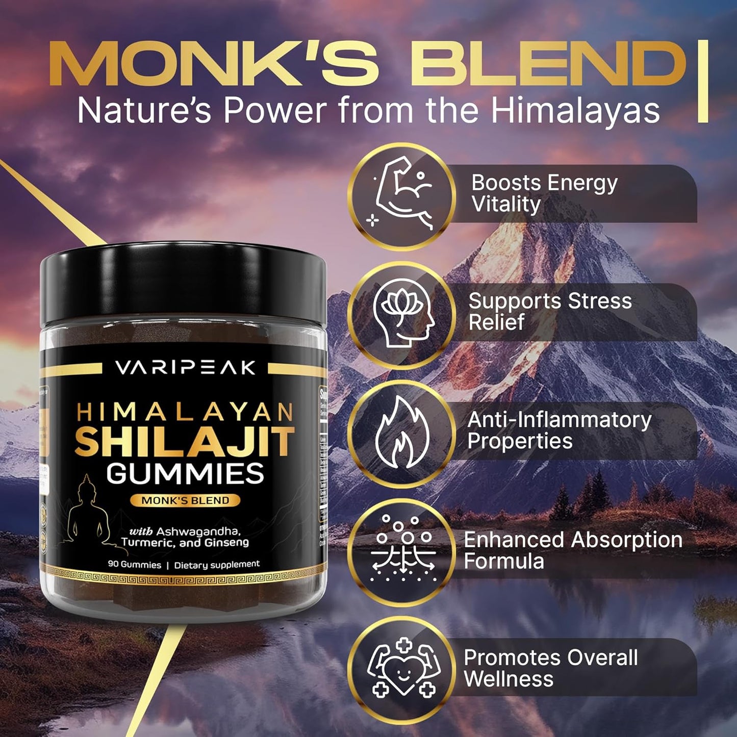 Organic Himalayan Shilajit Gummies with Ashwagandha, Turmeric & Ginseng | Energy, Immunity, Cognitive Support | 90 Count | Sugar Free, Vegan, Non-GMO | Men and Women