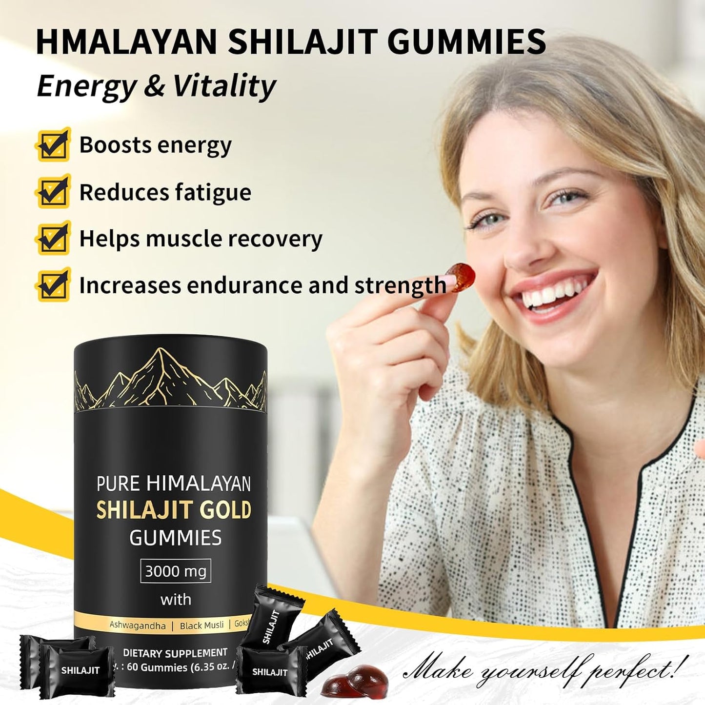 Organic Himalayan Shilajit Gummies with Ashwagandha & Gokshura - Non-GMO, Sugar-Free, 85+ Trace Minerals - 60 Count