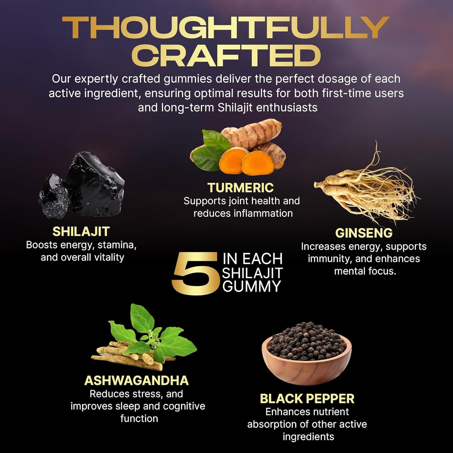 Organic Himalayan Shilajit Gummies with Ashwagandha, Turmeric & Ginseng | Energy, Immunity, Cognitive Support | 90 Count | Sugar Free, Vegan, Non-GMO | Men and Women