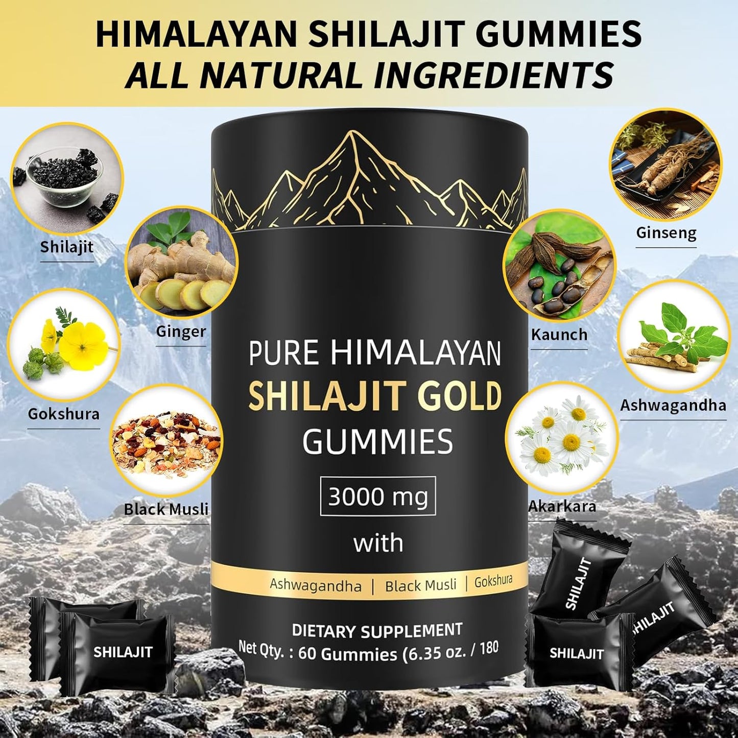 Organic Himalayan Shilajit Gummies with Ashwagandha & Gokshura - Non-GMO, Sugar-Free, 85+ Trace Minerals - 60 Count