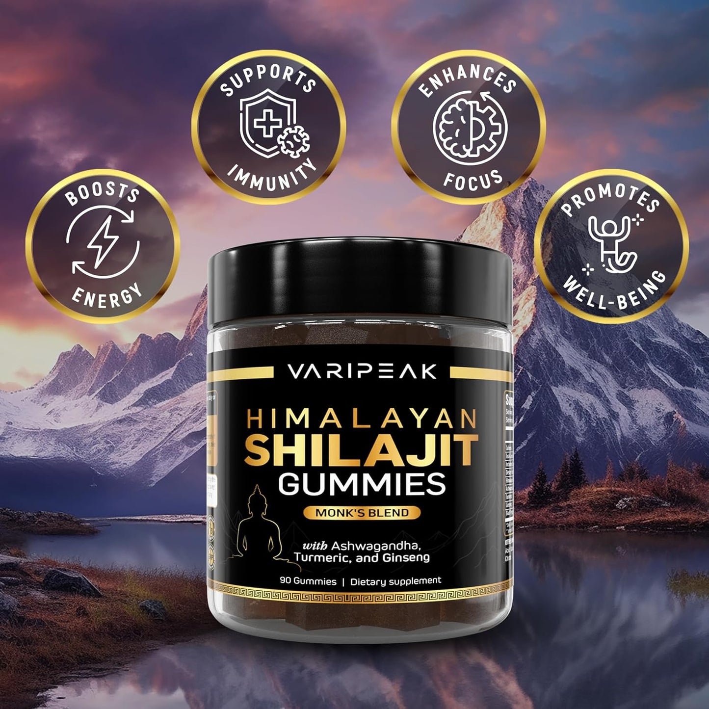 Organic Himalayan Shilajit Gummies with Ashwagandha, Turmeric & Ginseng | Energy, Immunity, Cognitive Support | 90 Count | Sugar Free, Vegan, Non-GMO | Men and Women
