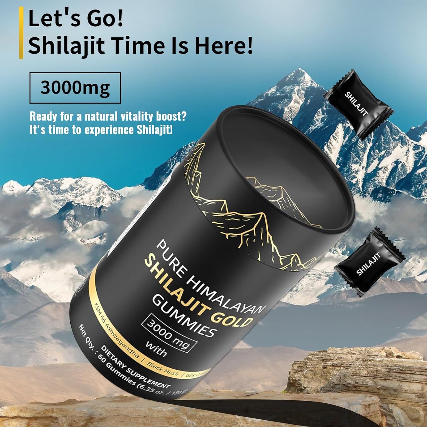 Organic Himalayan Shilajit Gummies with Ashwagandha & Gokshura - Non-GMO, Sugar-Free, 85+ Trace Minerals - 60 Count
