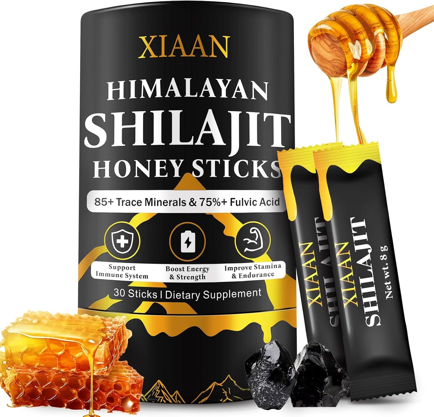 Organic Himalayan Shilajit Honey Sticks with 85+ Trace Minerals - Energy Boost & Immune Support for Men & Women - 30 Sticks
