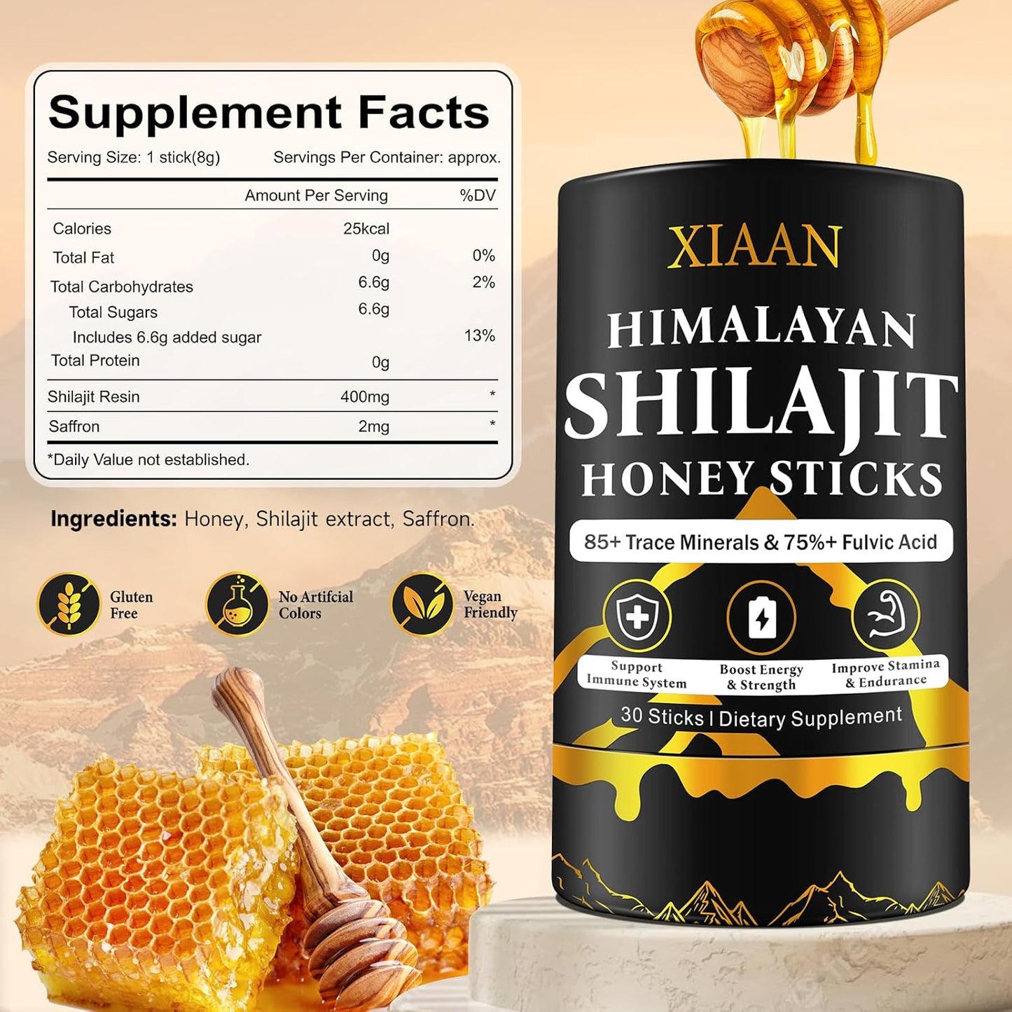 Organic Himalayan Shilajit Honey Sticks with 85+ Trace Minerals - Energy Boost & Immune Support for Men & Women - 30 Sticks