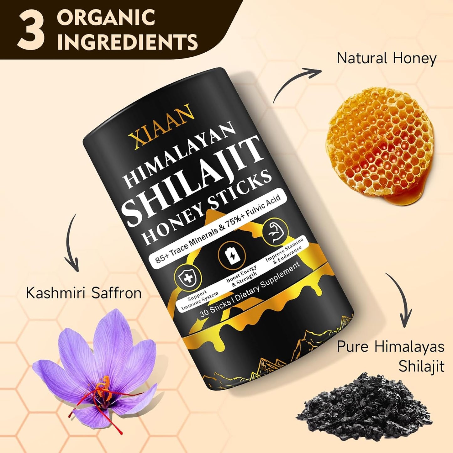 Organic Himalayan Shilajit Honey Sticks with 85+ Trace Minerals - Energy Boost & Immune Support for Men & Women - 30 Sticks