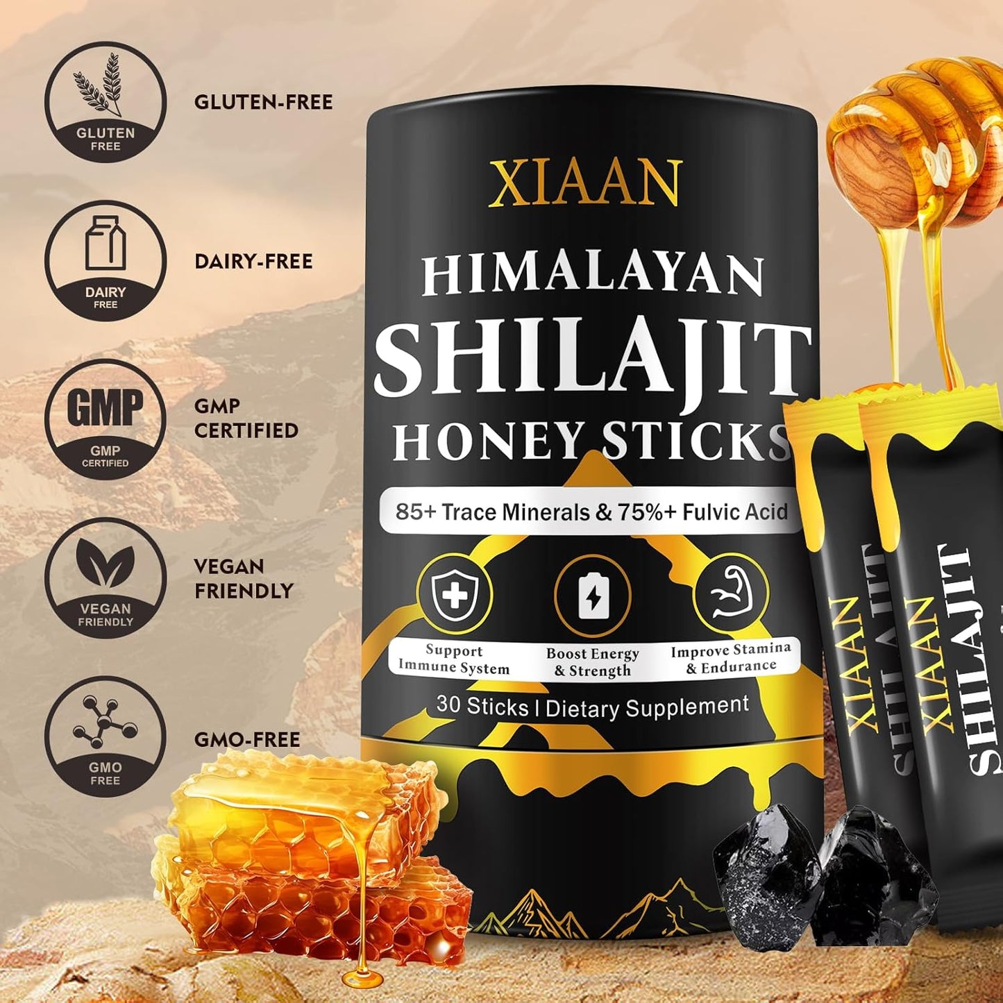 Organic Himalayan Shilajit Honey Sticks with 85+ Trace Minerals - Energy Boost & Immune Support for Men & Women - 30 Sticks