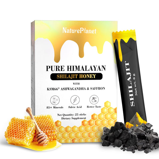 Organic Himalayan Shilajit Honey Sticks with Ashwagandha, Saffron, and 85+ Minerals for Immunity Boost & Energy - 25 Sticks
